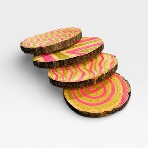Handmade 4 Raw Wood Pink and Gold Patterned Coasters